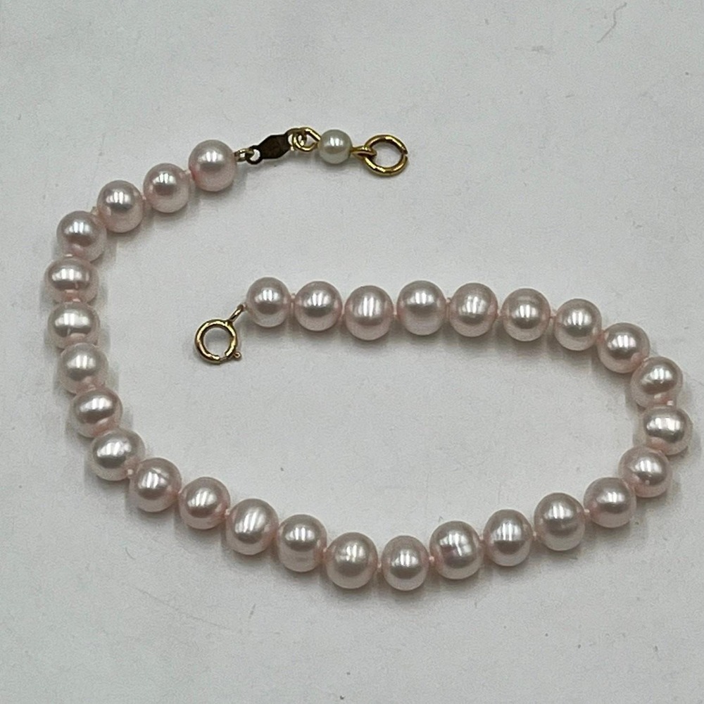 JCM Jacmel‎ 10k Gold Clasp Freshwater Baby Pink Pearl Bracelet 8" Hand Knotted